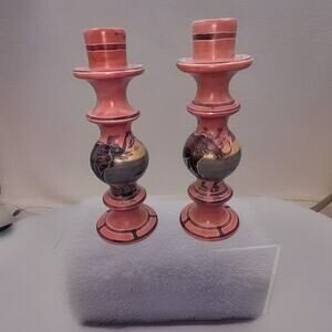 Vintage Pair of 2 Hand Crafted Painted Candle Holder 9" Candlestick Kenya EUC